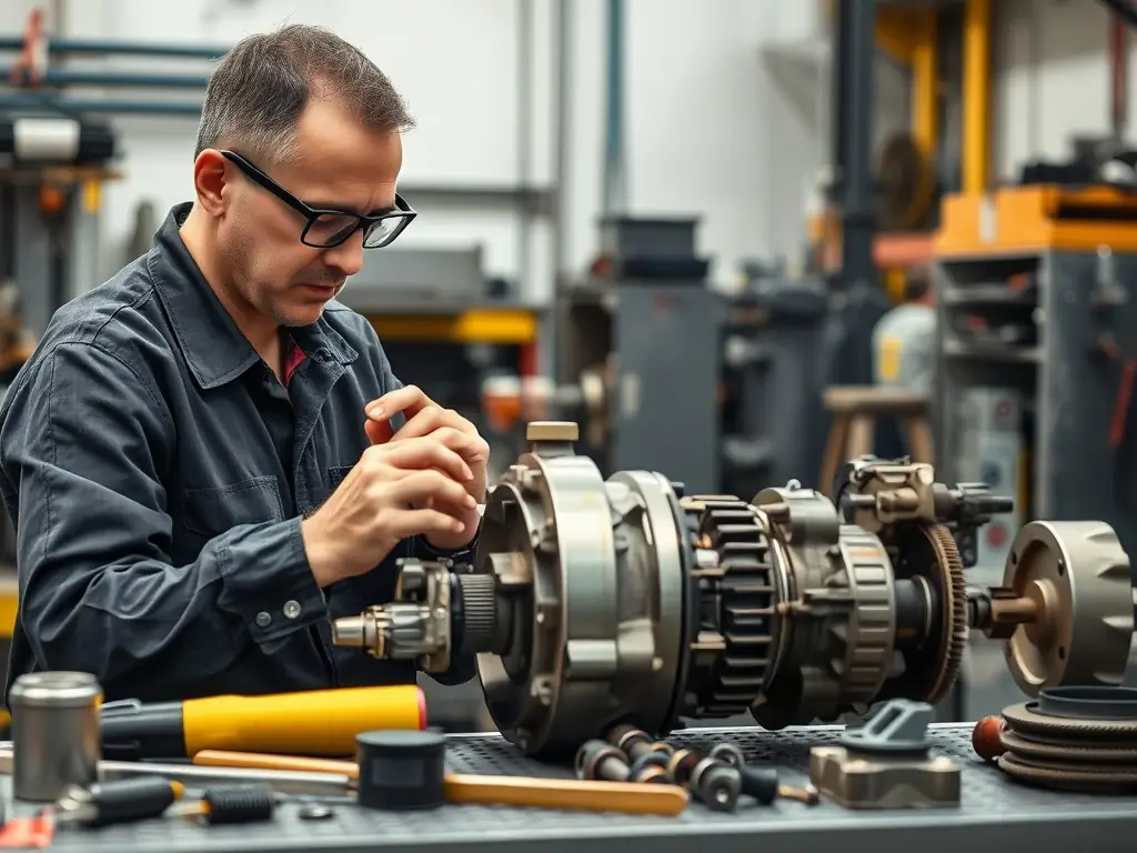Repair specialist working on a malfunctioning gearbox in an industrial workshop.
