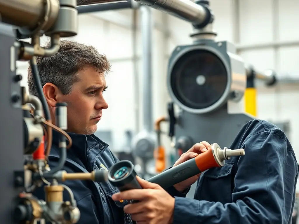 Maintenance technician performing routine checks on a lubricating oil system.