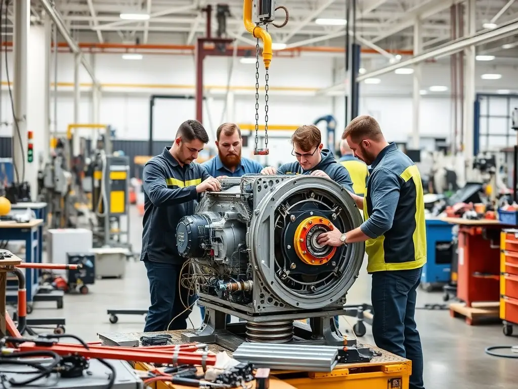 Technicians installing a large industrial gearbox in a factory setting.